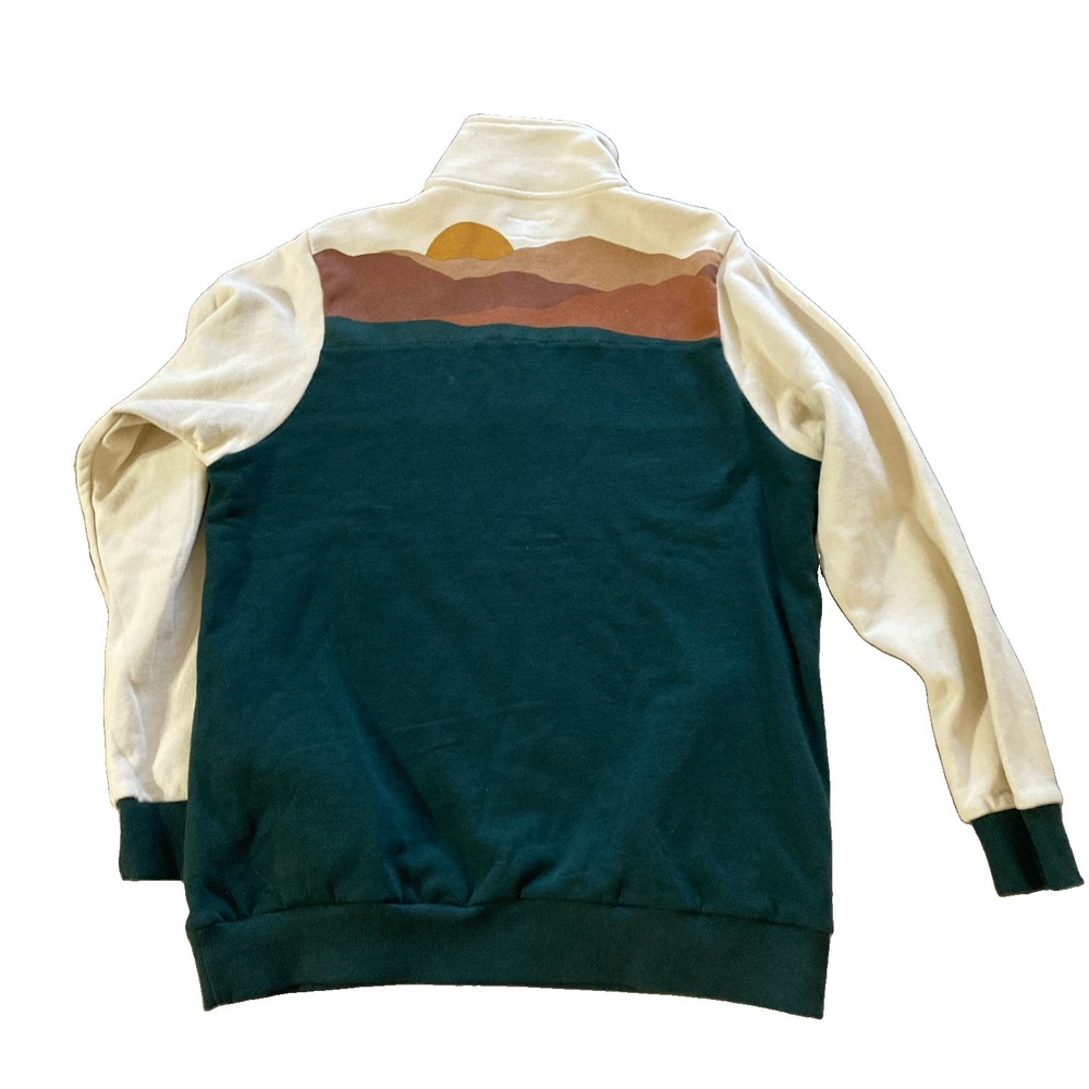 Happy Earth Mountain Sunrise Quarter Zip Pullover Sz L Green Cream Cotton Retro